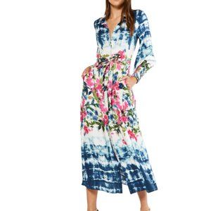 MISA floral tie dye BETTINA NWOT Smocked Tie-Waist Midi Dress XS Shirtdress $510